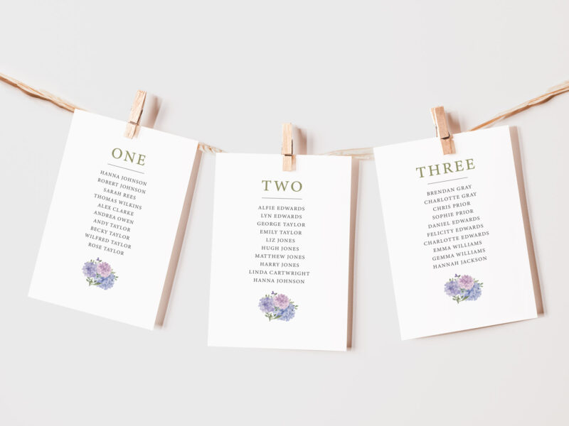 Hydrangea Wedding Table Plan Cards